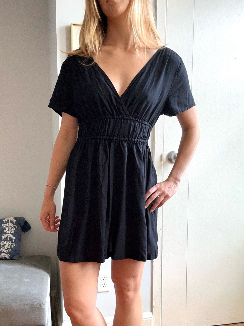 Roxy Flowy Black V-Neck Smocked Waist Mini Dress - Faux Wrap